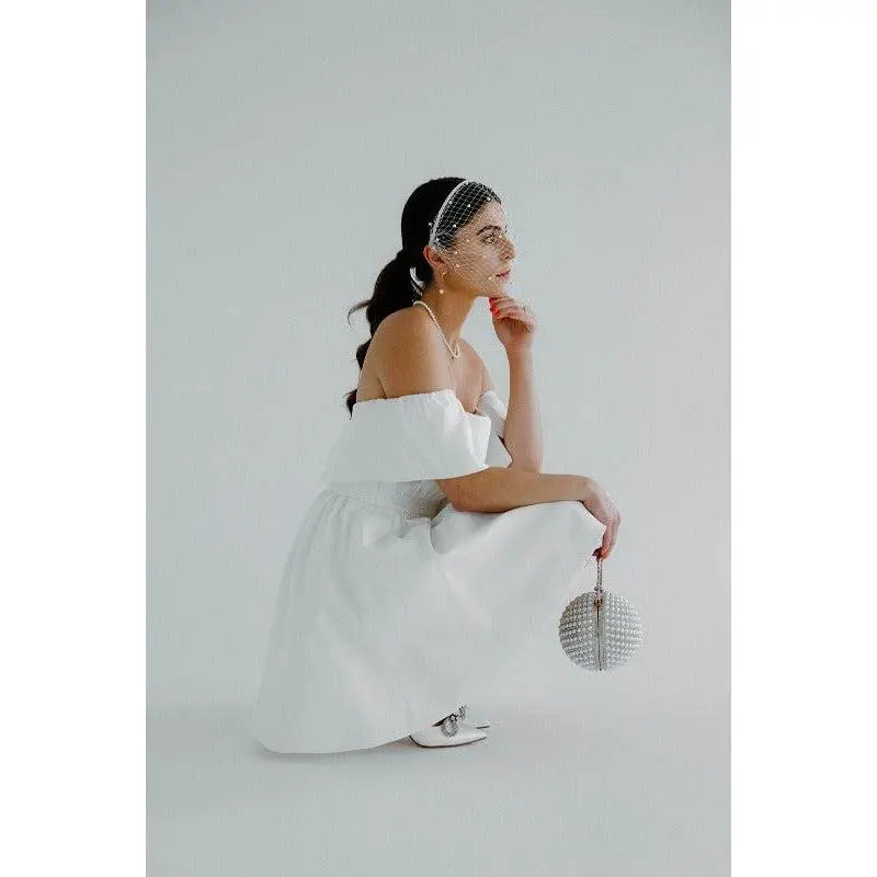 Elise Mesh Pearl Birdcage Veil Headband - Bright White
