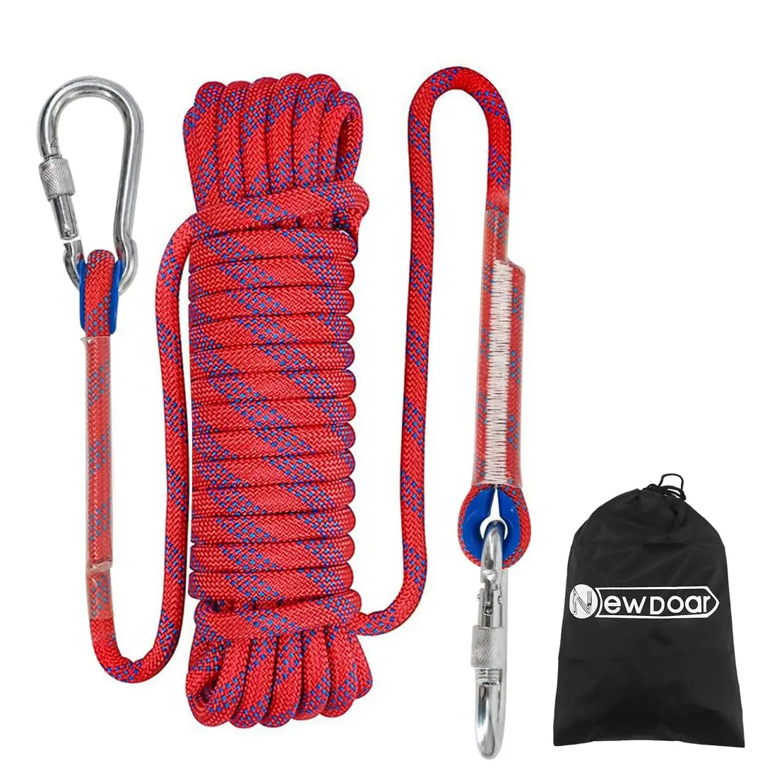 NewDoar 10mm Static Safety Rope with 2 Steel Carabiners - 33ft, 55g/m, 316 Anti-Oxidation Coating, for Climbing, Tree Swing, Magnet Fishing | Emergency Rescue Rappelling Tool, 55G Per Meter