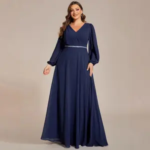 Women's Round Neck Long Lantern Sleeves Elastic Band Chiffon Plus Size Formal Gown Bridesmaid Dresses