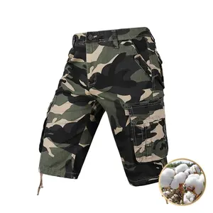 Men’s 100% cotton camouflage cargo shorts, denim style, non-stretch woven fabric—ideal for hiking and outdoor activities. Part of our spring/summer/autumn collection; casual hiking shorts with a sturdy outdoor look.