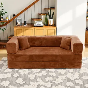 78.7''Convertible Sleeper Sofa Bed with Cylindrical Pillow, Corduroy Folding Mattress Couch with Fixed-Shape Frame, Floor Sofa Lounge Couch for Living Room Bedroom Studio