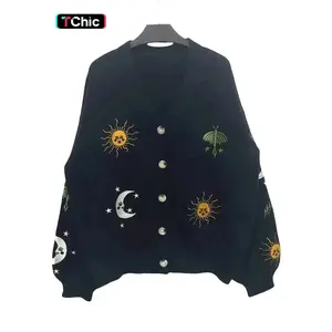 Women's V Neck Knit Cardigan Sweater Coat, Moon Star Embroidery Design, Casual Loose Long Sleeve Top, Elegant Retro Style