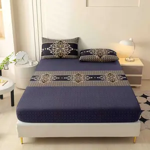 Deep -Blue Patterned Bedding Set, Elastic Edge Binding, High-Count Fabric Resistant to Wrinkles, Durable Washable Luxury Retro Style, Bedsheet Sets, Bed Sheets Set