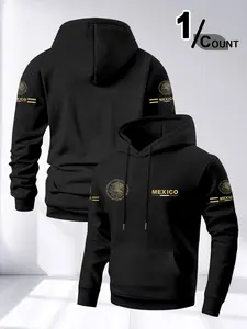 Men's Long Sleeve Hooded Fleece Sweatshirt, Mexican Pattern Print, Loose Fit Drop Shoulder Design, Casual Daily Wear, Comfortable Fashion Pullover