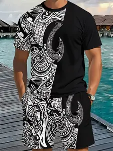 Men's 3D Digital Print Round Neck Short Sleeve Top Set, Asymmetrical Totem Night Print, Unique Dark Style, Retro Cool Look, Two-Piece Suit