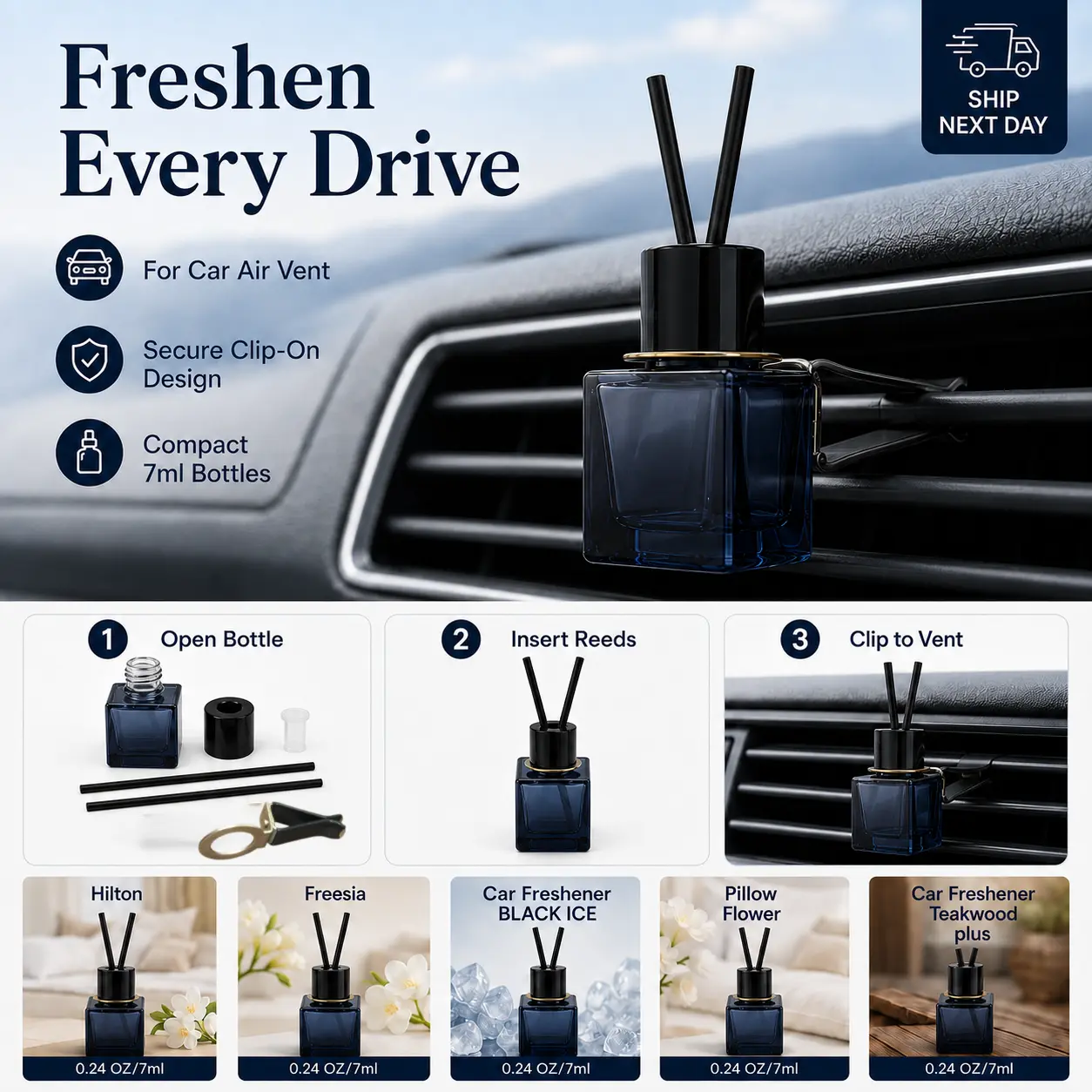 Hilton Clip-On Car Vent Air Freshener Diffuser, 2-Count Reusable 7ml (0.24 fl oz) Fragrance Oil Bottles, Long-Lasting Freshness for Car Interior, 5 Scents Available