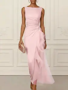 Elegant One-Piece Plain Sleeveless Ruched Fringe Dress, Waist-Cinching Mermaid Hem, Formal Party Wear, Company Year-End Celebration