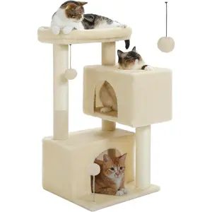 32inch Indoor Cat Climbing Frame - 2 Comfortable Nests, Multi-Level Scratching Posts with Hemp Rope, Soft Cushioned Platform, 2 Hanging Toys, Beige
