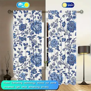 2-piece Bohemian style blue floral printed curtains, durable semi transparent polyester material curtains that can be washed, suitable for bedrooms/living rooms/study rooms, and are an ideal choice for home decoration