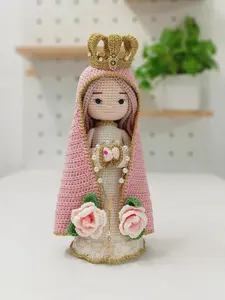 Virgin Mary Crochet Doll with Crown Handmade Catholic Religious Decor – Rosary Prayer Amigurumi, Faith Protection Gift for Home & Altar