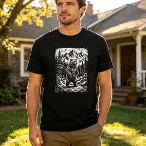Vintage Woodcut Bear Mountain Graphic Tee - Rustic Nature Adventure T-Shirt - Shipped from NY