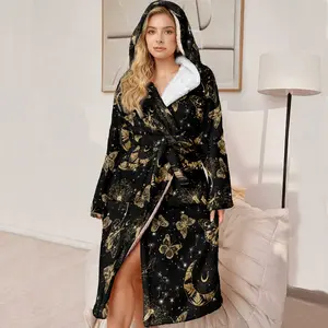 Luxury Women's Hooded Bathrobe, Long Plush Soft Bathrobe, Moon Butterfly Pattern, Perfect Gift for Mother and Wife