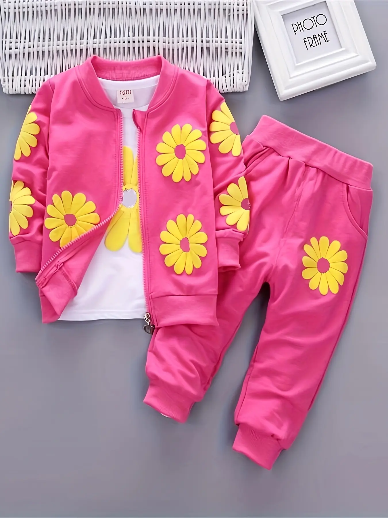 Girls' Spring/Autumn Long Sleeve Three-Piece Set Fashion Print Sunflower Casual Three-Piece Kids' Trendy Outfit