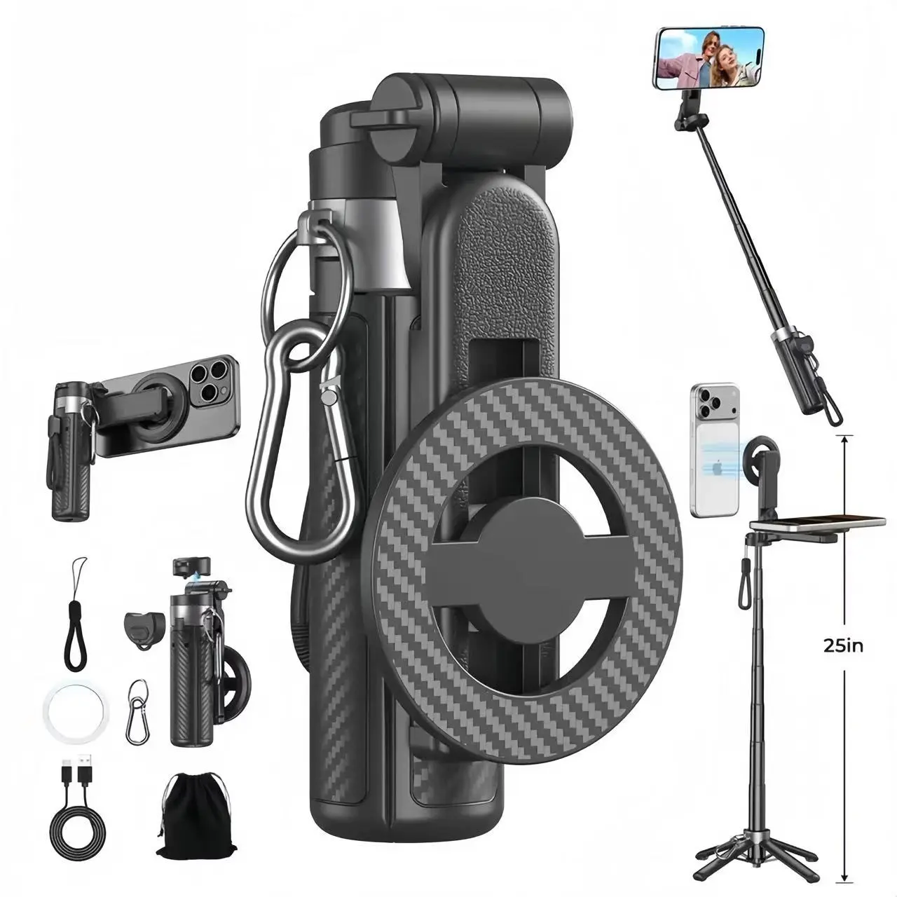 Upgrade 4-In-1 Magnetic Smartphone Selfie Stick with Remote, 360° Rotatable Phone Holder, Transformable Tripod, Handheld Stabilizer, 25-Inch Extendable Mobile Phone Accessory, Cellphone Accessories