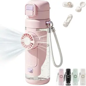 Summervibes,【PSLEE Sports Cup】2026 New Leak Proof 2-in-1 Water Bottle with Straw & Sip Lid, Large Capacity Cupwith Built-In Foldable Fan, Usb-C Rechargeable 3-Speed Cooling Cup With Straw with Strap for Game Day & Summer Beach