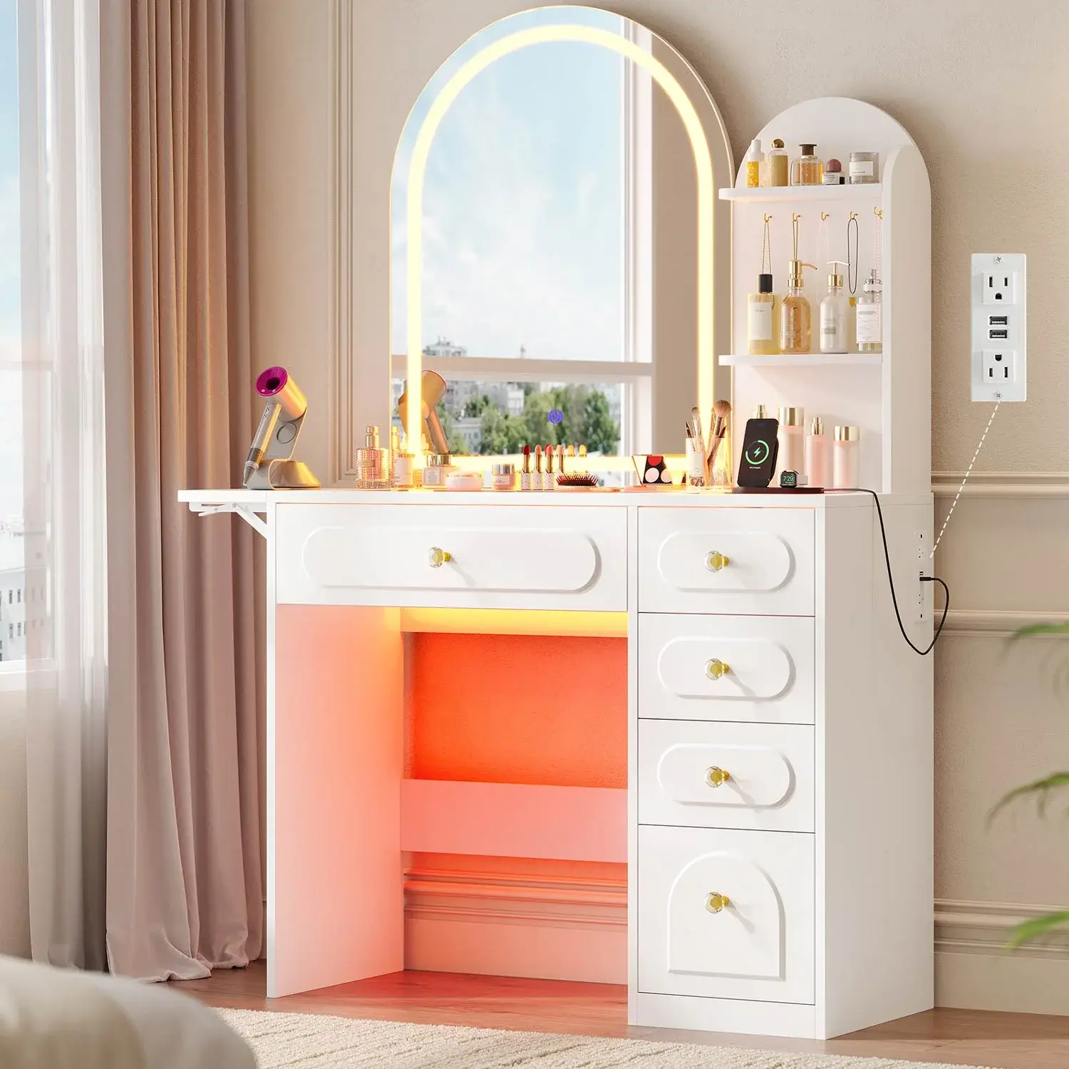 SIKAIC Arched Vanity Desk - Modern Stylish Illuminated Glass-Topped Makeup Vanity with LED Lighted Mirror, Charging Station, Indoor Furniture, Vanity Mirror With Light