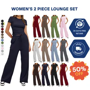 TRENDORA Women’s 2 Piece Lounge Set – Soft Ruched Short Sleeve Top & High Waisted Wide Leg Pants – Cozy Matching Tracksuit for Sleepwear, Travel, or Daily Wear