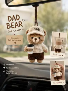 Handmade Crochet Dad Bear Coffee Cup Car Charm - Automotive Rearview Mirror Hanging Decor, Keychain Gift for Dads on Father’s Day
