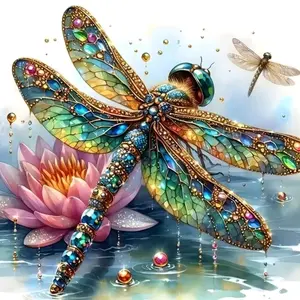 Jewel-encrusted Dragonfly on Pink Lotus Flower，Multiple sizes available including square and round diamonds. This 5D DIY diamond painting set diamond art embroidery kit handmade furniture decor holiday birthday art personalized gift.
