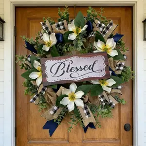 Spring Summer Wreath for Front Door, Farmhouse Floral Porch Decoration, Housewarming Gift, Buffalo Plaid Year Round Wreath, Summer Home Decor, Decorative Flowers Ornaments