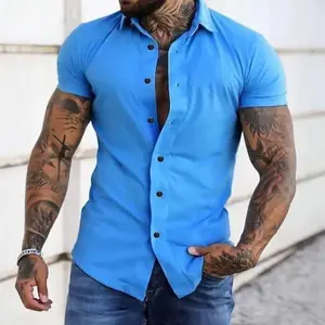 Mens  Muscle Fit Dress Shirts Casual Button Down Shirt Short Sleeve Wrinkle-Free Shirts Menswear Top Plain Beige Shortsleeve Tropical Biker Wetsuit