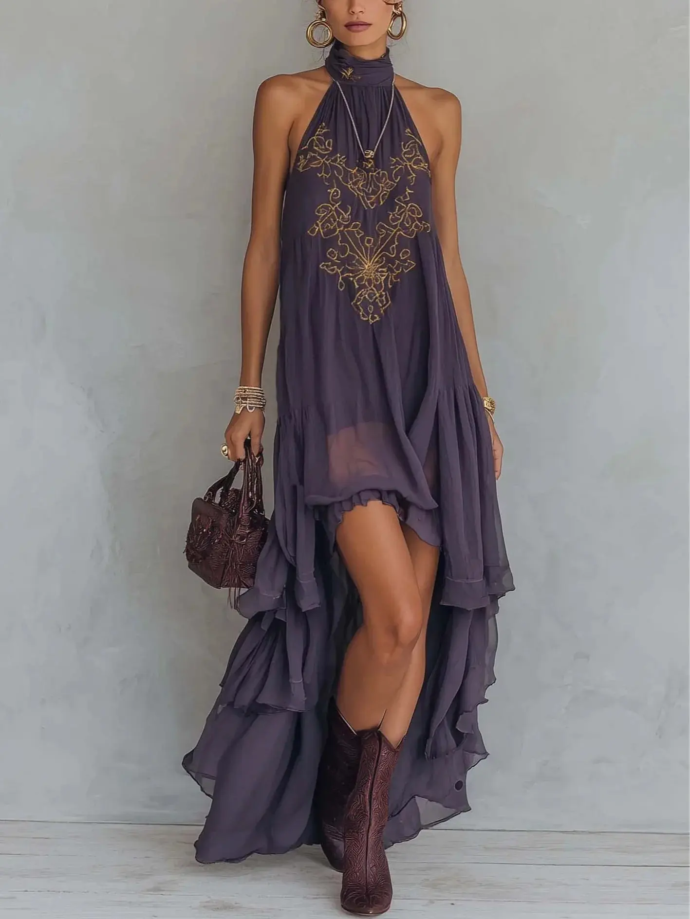 Women Halter Mock Neck Mini Dress Intricate Embroidery Sleeveless Flowy Ruffle Hem Irregular Hem Bohemian Beach Cover Up Vacation Resort Outfit