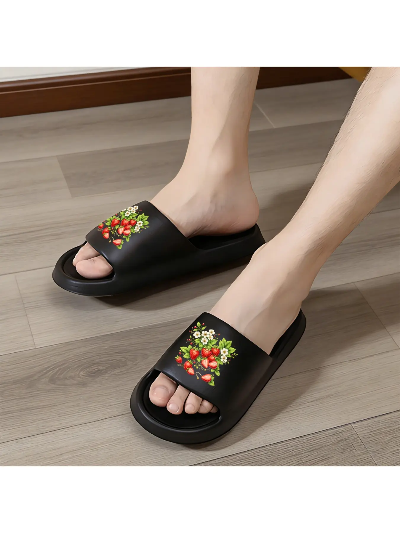 Fresh Strawberry Pattern Slippers Women's Summer Indoor Outdoor Non-Slip Home Garden Shoes with Fruit Print Comfortable Soft Sole Casual Sandals for Ladies