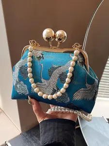 Hand-embroidered crane jacquard handbag with metal double bead buckle, retro and fashionable exquisite versatile bag, artistic pearl chain bag, suitable for daily travel, shopping, attending banquets, etc., Elegant bags