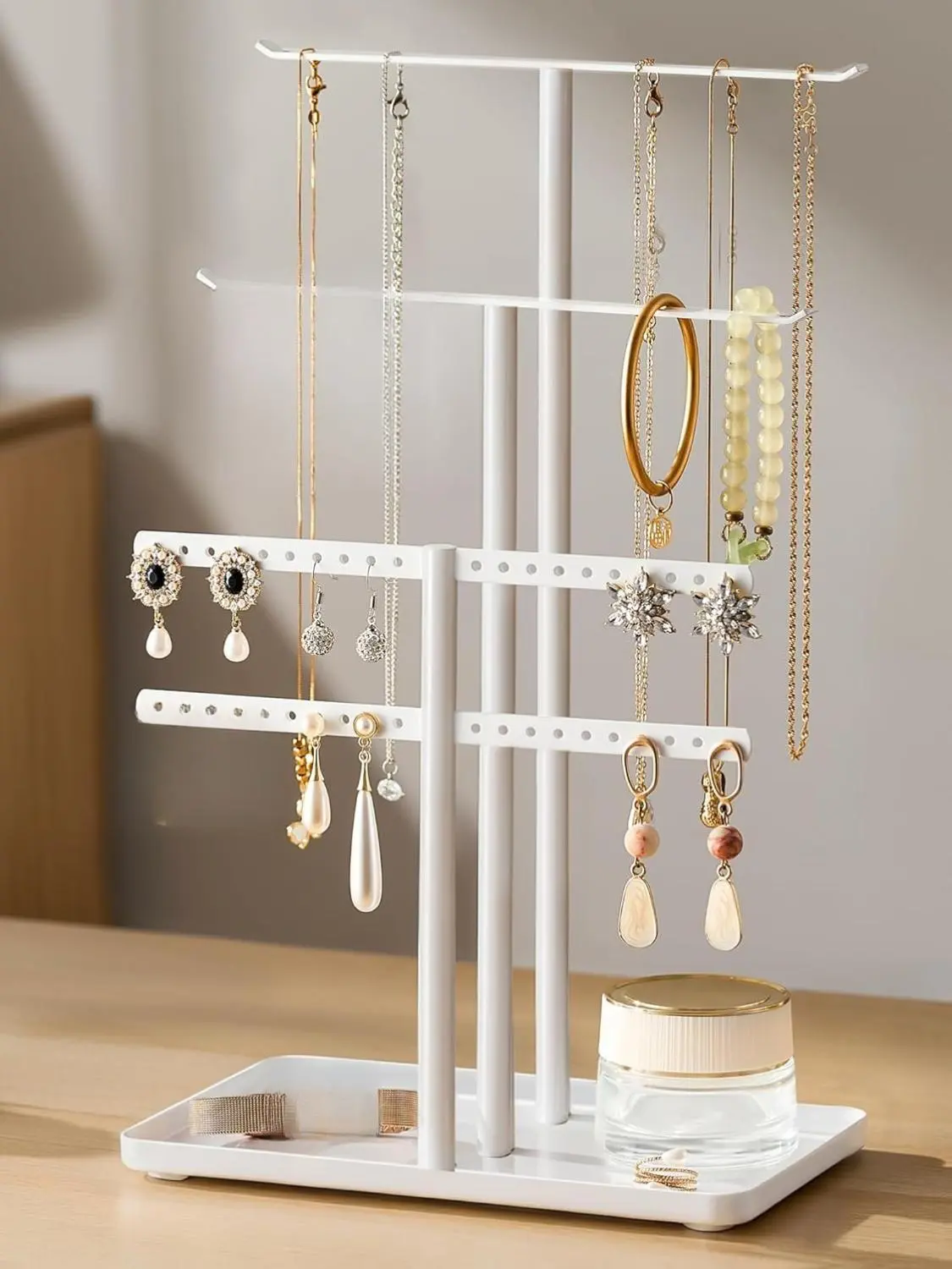 Jewelry Stand Organizer, 14.5" Tall Sturdy Metal, 3-TierJewelry Holder for Necklace, Earring, Bracelet, Ring, Hanger for Display and Storage, Aesthetic Room Decor, White