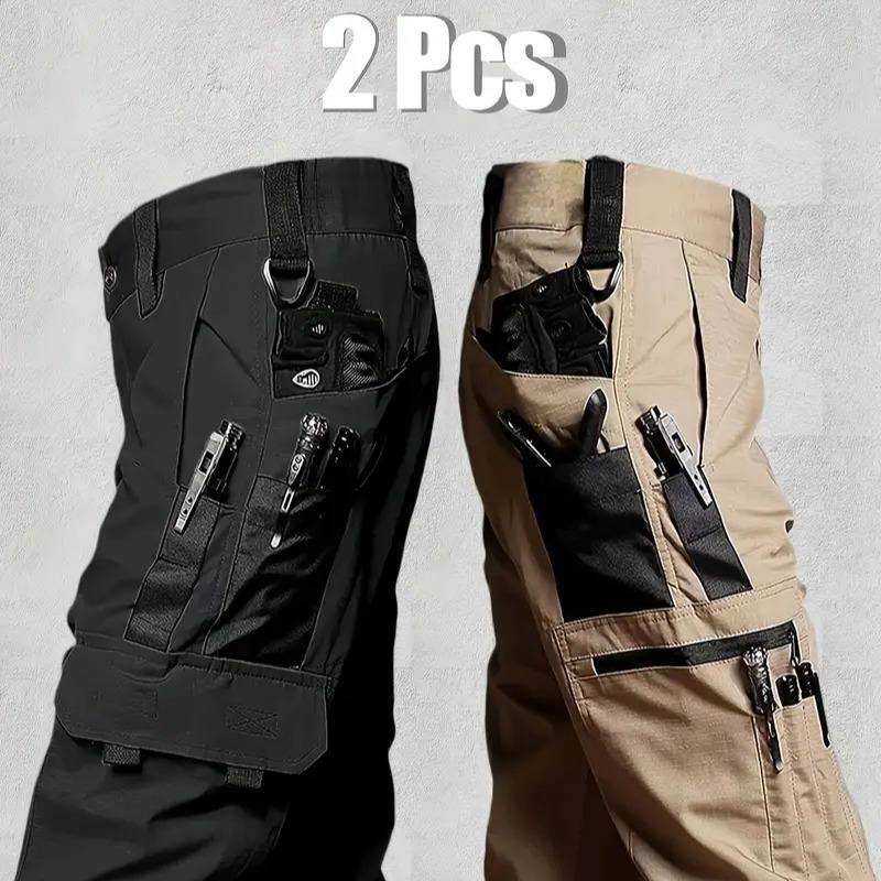 Men's durable outdoor training pants, men's multi-pocket work pants, men's solid color and printed pocket zipper waterproof tactical cargo pants without belt, regular fit sports pocket durable autumn pants.