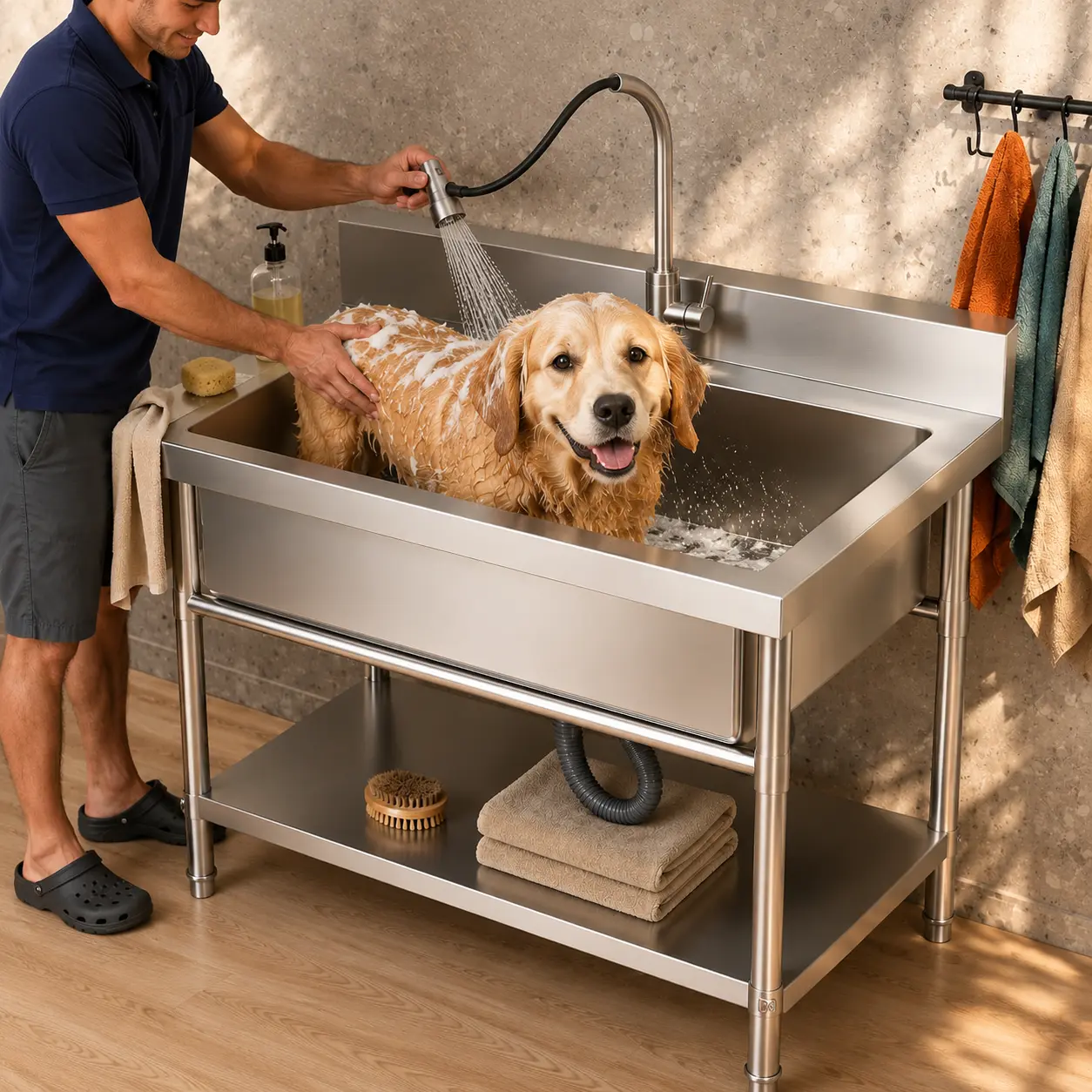 Outdoor Sink Station 40 Inch, Stainless Steel Freestanding Utility Sink with Pull-Out Faucet, Large Kitchen Sink with Storage Shelf, X-Shaped Drain, Backsplash, Laundry Garage Garden Sink for Indoor Outdoor Use, Pet Washing Station