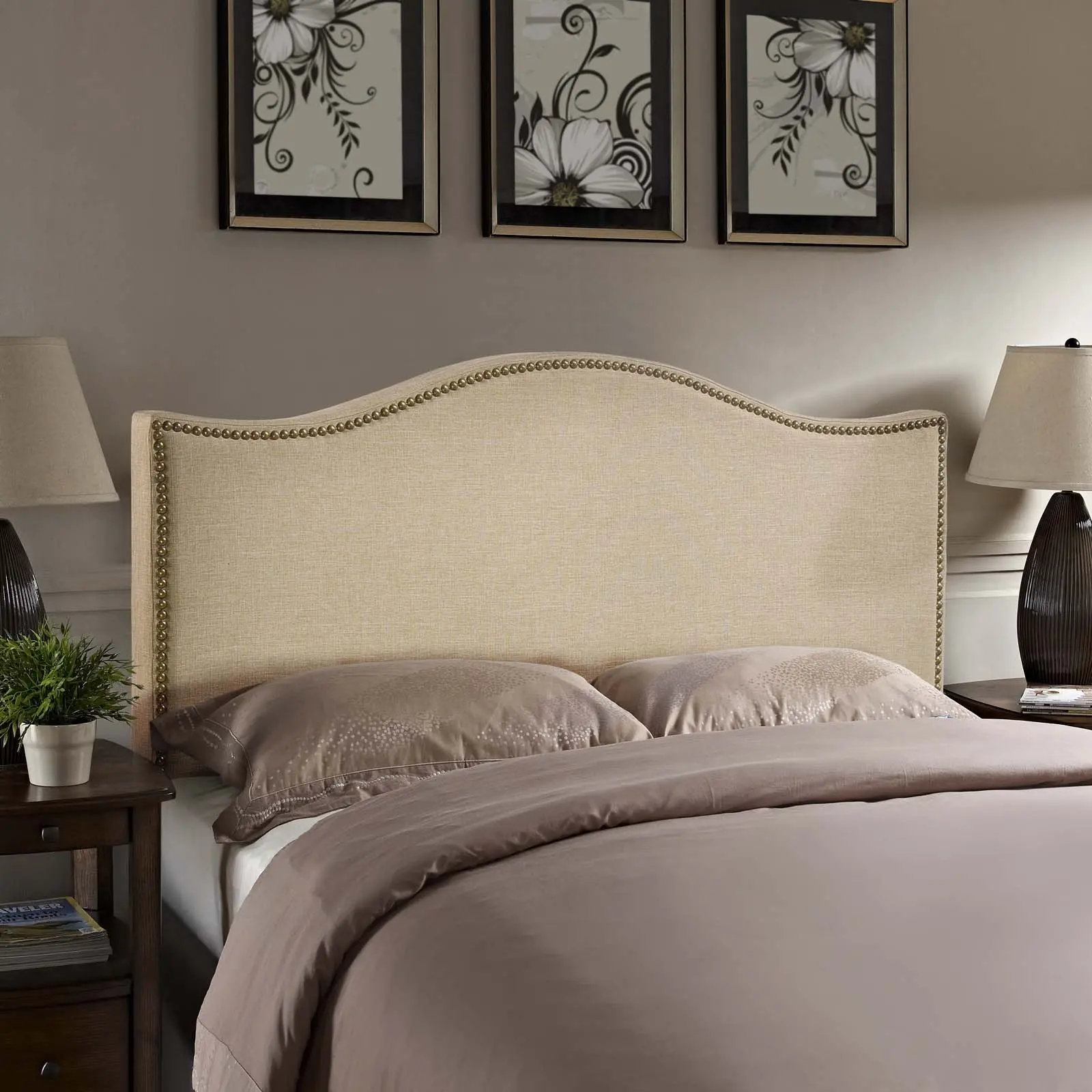 Modway Curl Queen Nailhead Upholstered Headboard - Cafe, Unique Bedroom Indoor Furniture for Bed Frames, Unique Bedroom Furniture