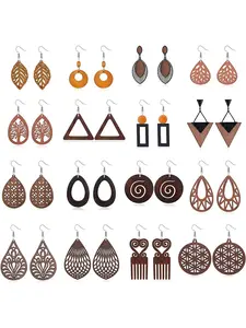 16 Pairs Ethnic Wooden Dangle Earrings for Women African Earrings Natural Wood Teardrop Earrings Statement Lightweight Pendant Drop Hook Boho Earrings Vintage Jewellery