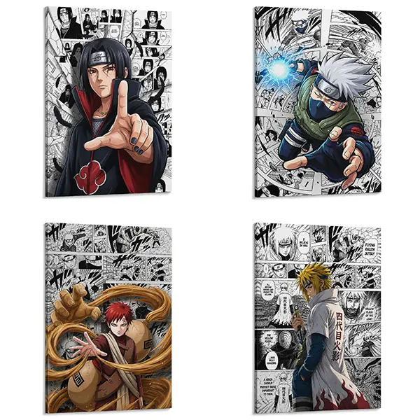 Naruto Shippuden 4-Character Canvas Wall Art Set - Itachi Uchiha, Kakashi Hatake, Gaara, Minato Namikaze Anime Prints, Japanese Manga Home Decor for Room