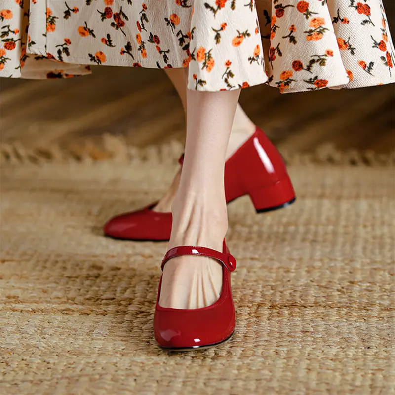Handmade Leather Strappy Mary Jane Pumps with 30mm Block Heel in Red Footwear Classy
