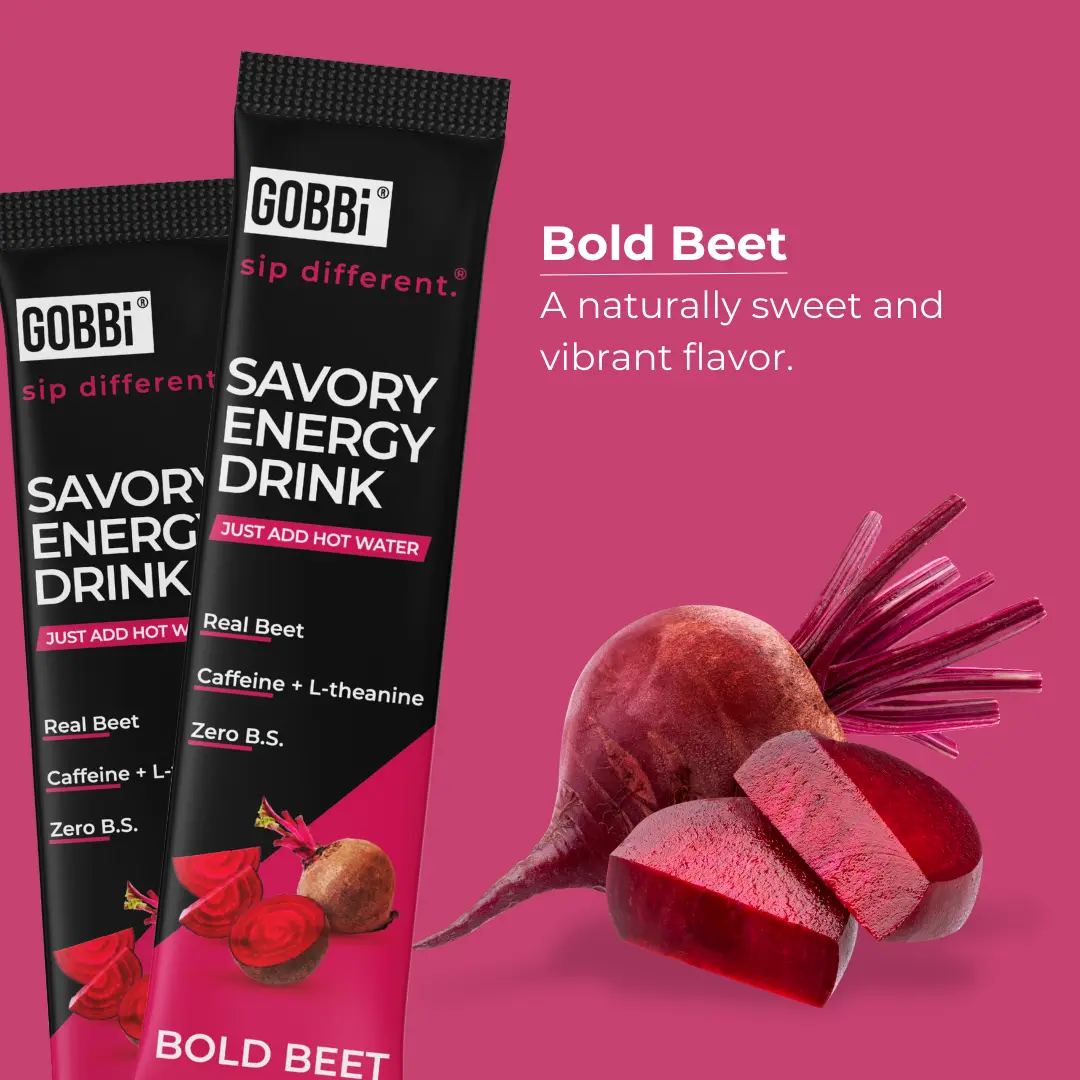 GOBBi Bold Beet Savory Energy Drink - Real Beet Caffeine & L-theanine for Focus & Energy - No Preservatives