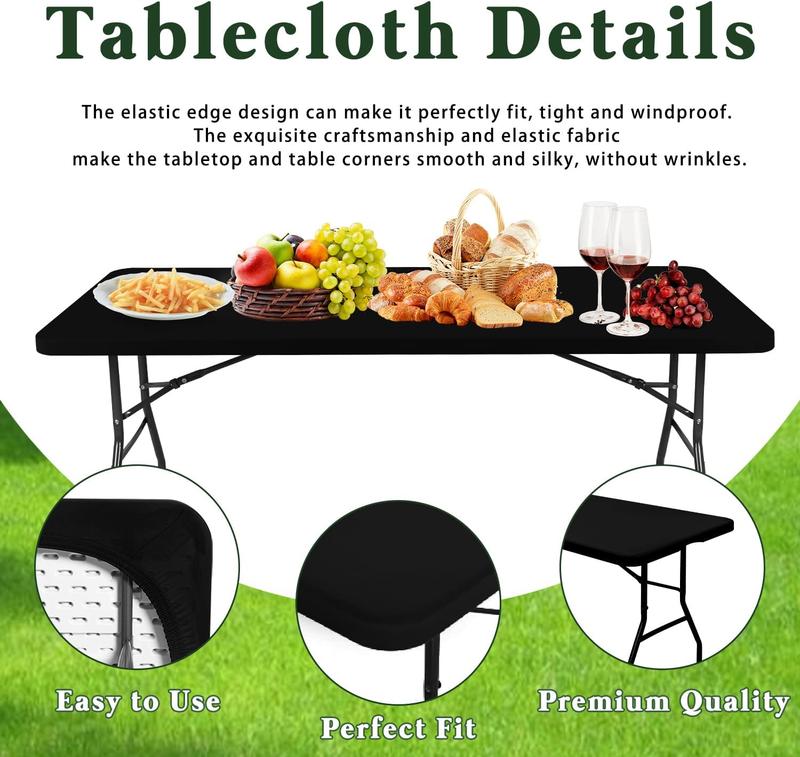 6 Pack Picnic Table Cover Fitted Tablecloth for 6 Foot Rectangle Tables Elastic Waterproof Stretch Washable Patio Folding Outdoor Spandex Table Cloth for Camping Banquet and Parties (Black,30" x 72")
