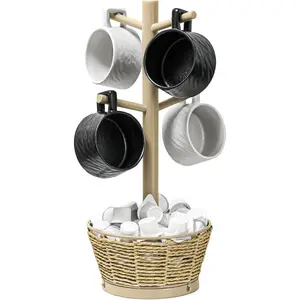 Mug Holder Tree with Woven Basket, 4 Hooks Coffee Mug Holder, Countertop Mug Tree for Kitchen Counter Cabinet Coffee Bar Accessories Cup Display Organizer Hanger(Brown)