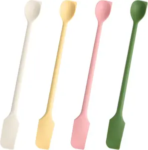 4Pcs Long Dual-End Silicone Spatula, Skinny Silicone Jar Spatula & Stirring Spoons, Curved End for Scraping Slim Scoop Head for Scooping and Mixing