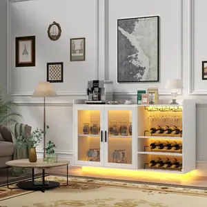 Modern Wine Bar Cabinet with LED Lights, Glass Door, Floating Coffee Bar with Glass Rack, Buffet Sideboard with Storage Shelves