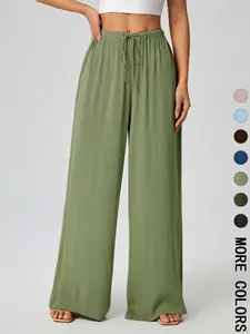 Women's Solid Color Drawstring Tie Waist Wide Leg Pants,   Casual Trousers for Daily Wear, Ladies Bottoms for All Seasons