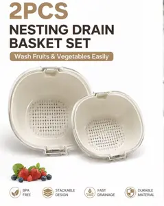 2PCS Nesting Colander Drain Basket Set for Washing Fruits & Vegetables, Beige Kitchen Strainer Bowls