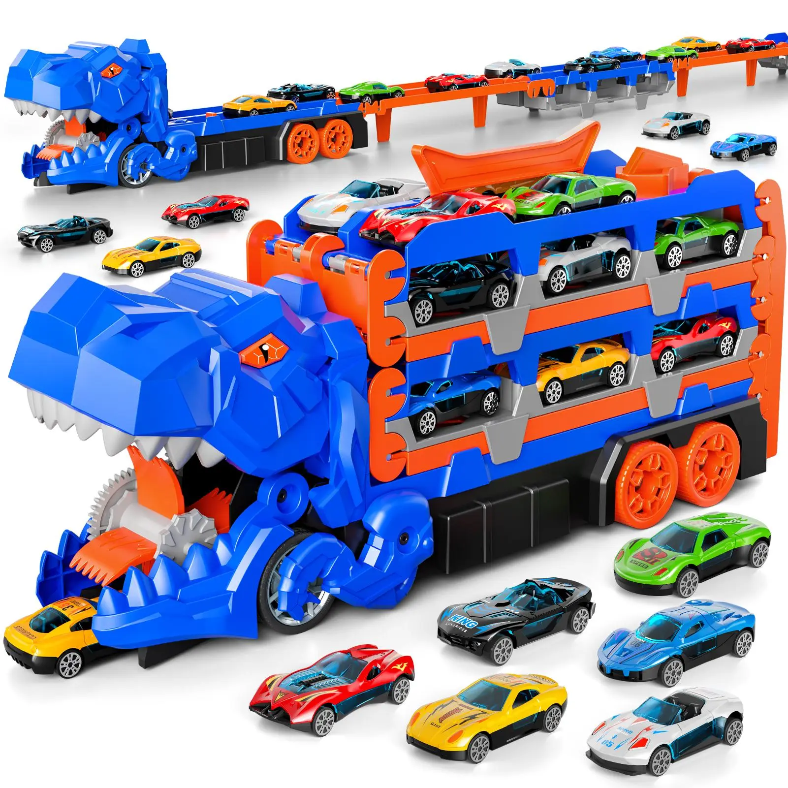 Dinosaur Transport Truck Toy Set with 10 Die-Cast Cars Launching and Transforming into Dinosaur for Boys Remote Control Truck Remote Controlled Car