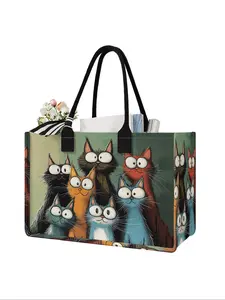 Large Capacity Cat Pattern Storage Bag, Durable Handle, Space Saving Multi-Purpose, Ideal for School, Travel, Shopping, Reusable Shopping Bags