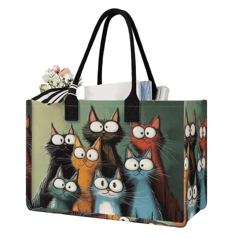 Large-Capacity Cat Pattern Storage Bag, Reusable Portable Tote Bag with Durable Handles, Space-Saving Multipurpose Bag for School, Travel and Shopping