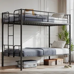 Bunk Bed Twin Over Twin ,Metal Bed Frame, Heavy Duty Bunk Beds, Bunkbed, Double Bed, Individual Twin Bed, Stackable Bunker Bed， With Removable Ladder Safety Guardrail (Black)Metal double-layer bed with stairs and safety railings, sturdy steel frame