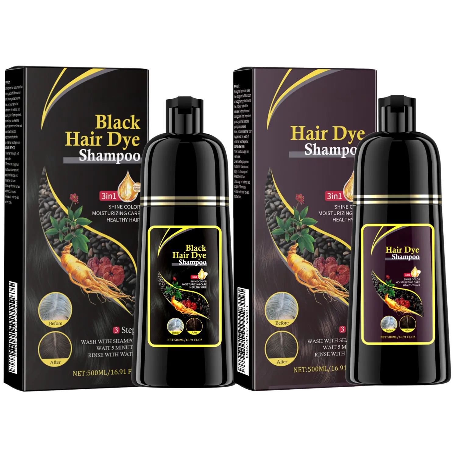 2 Pack Hair Dye Shampoo 500ml 3 in 1 for Gray Hair, Herbal Ingredients Natural Shampoo Hair Dye for Women Men (Black)