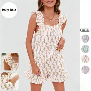 Imily Bela Womens Floral Print Pajama Sets Ruffle Trim Cami and Casual Shorts 2 Piece Lounge Set PJ Fashionable Comfortable