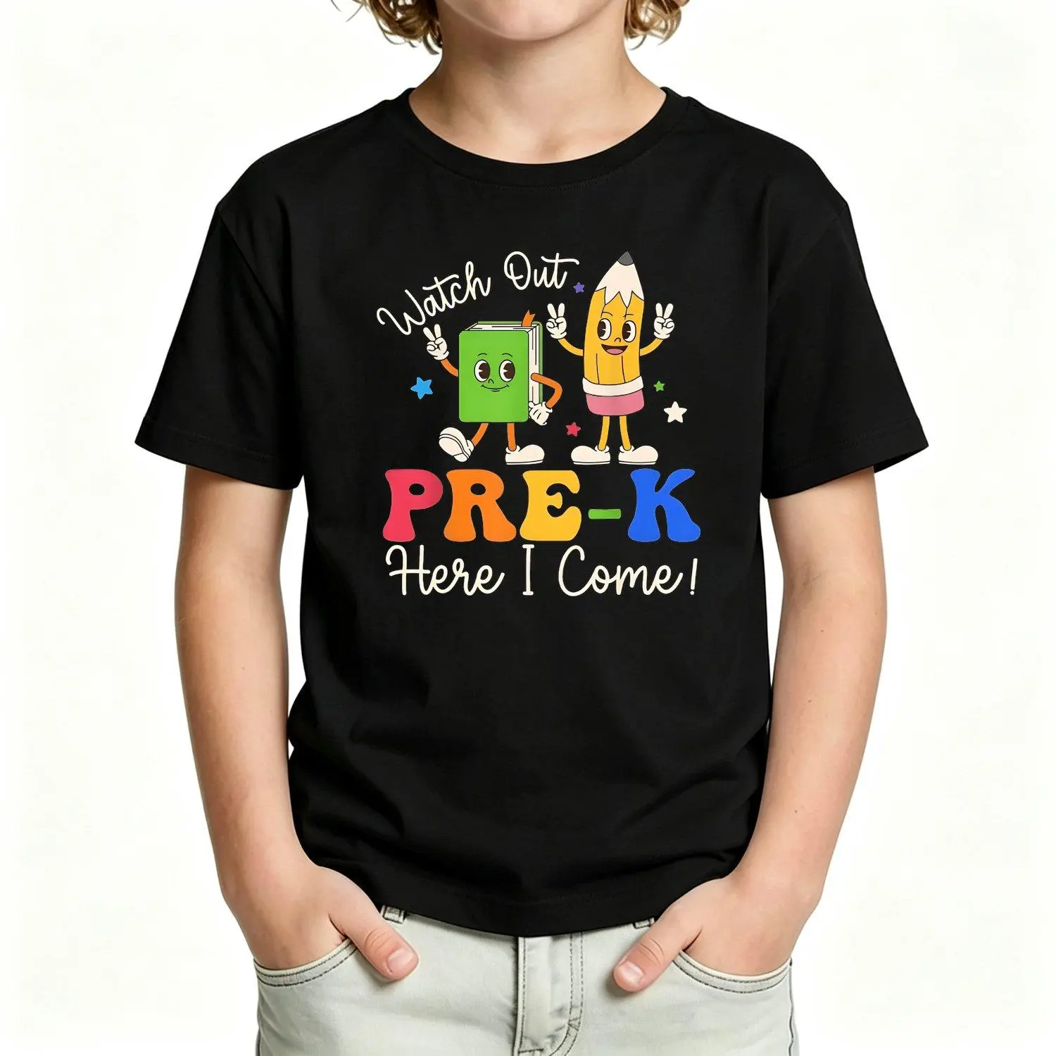 Watch Out Pre-K Here I Come T-Shirt - Cute Cartoon Green Book And Yellow Pencil Characters with Peace Signs, Colorful Stars Design, Soft Crew Neck Tee for Kids Preschool Kindergarten Back to School Gift