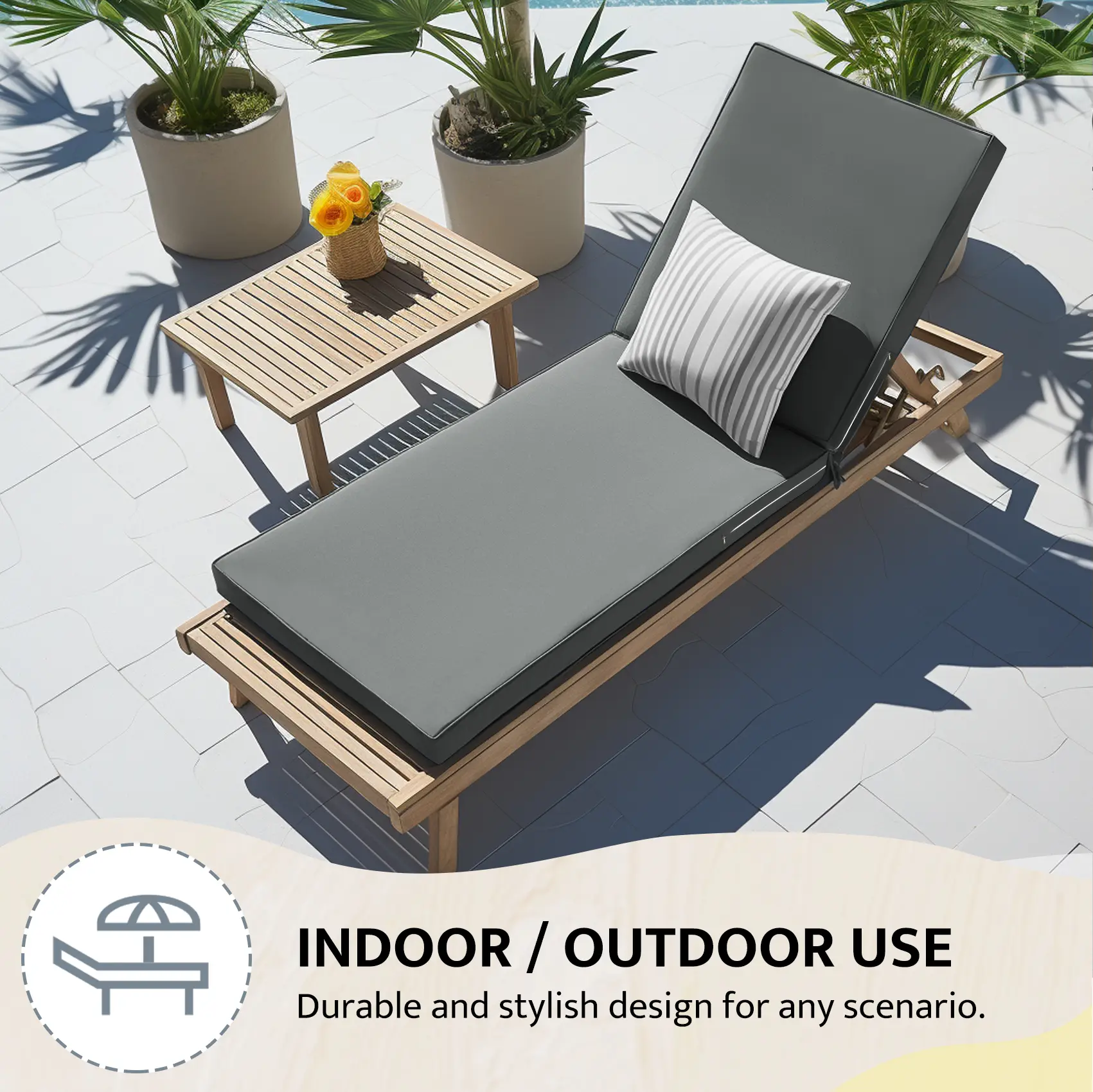 72"x21"x3" Large Size Premium Armless Modern Outdoor Patio Chaise Lounge Pad, Waterproof Polyester Furniture Accessory, High-Density Foam Seat, Removable Washable Cover, Pre-Assembled